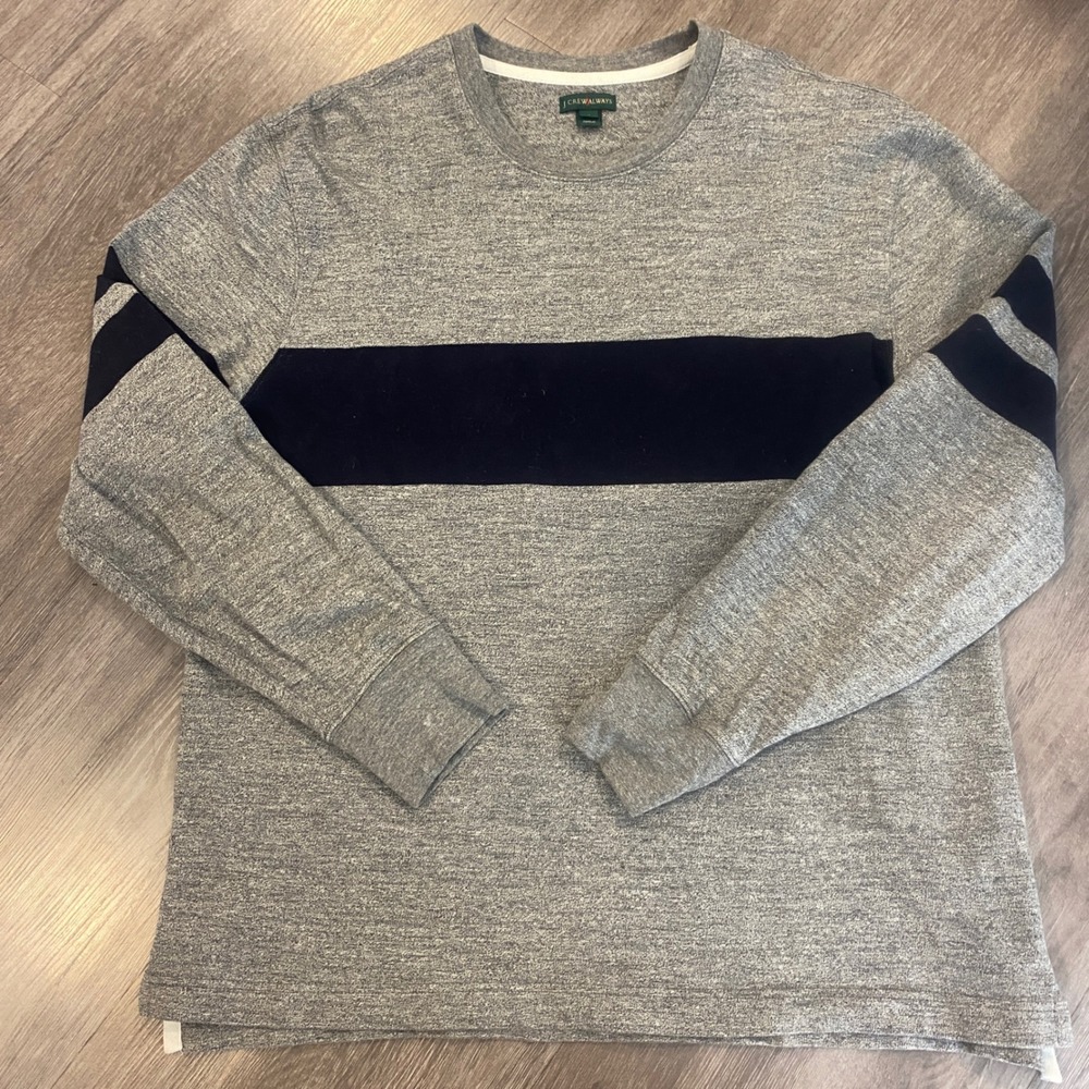 J. Crew Always Mens heavy weight crewneck sweatshirt Grey Navy Blue Stripe